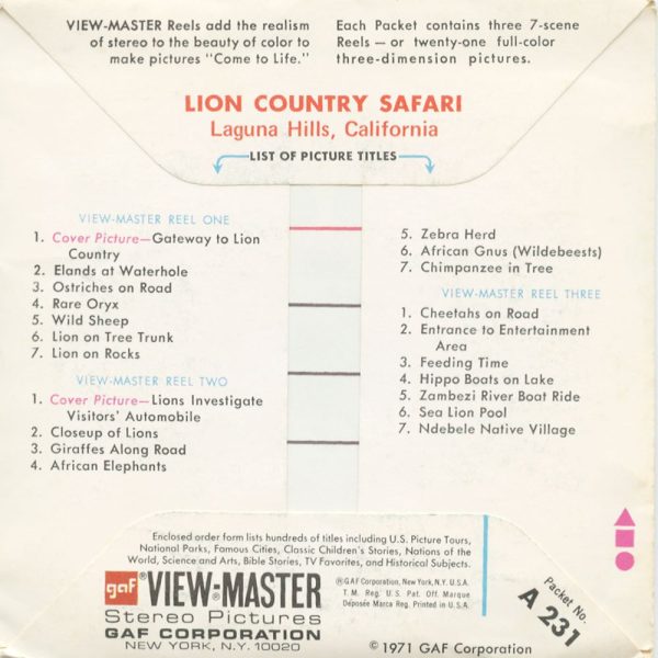 Lion Country Safari - View-Master 3 Reel Packet - vintage - A231-G3A Discount