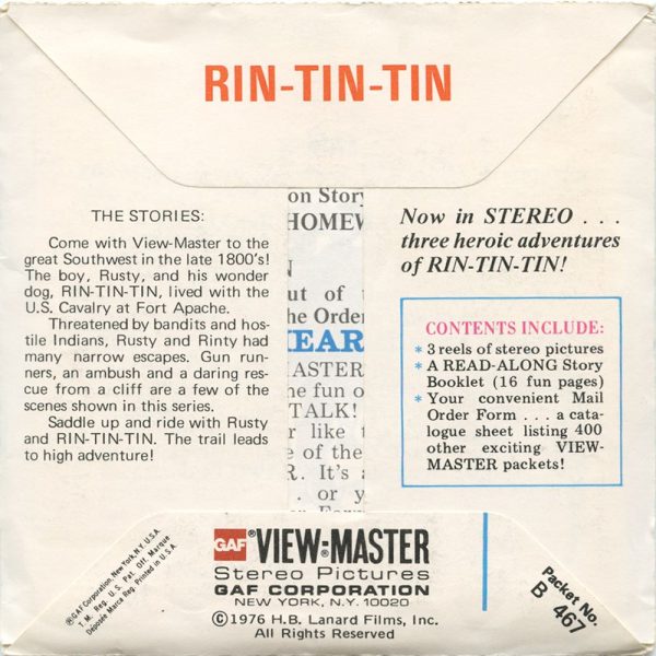 Rin-Tin-Tin - View-Master 3 Reel Packet - 1976 - vintage - B467-G5B Fashion