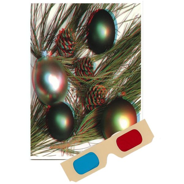 Christmas Ornaments & Greenery - Phantogram Greeting Card - with 3D Glasses - Image Pops Up from the Card - Unique 3D - NEW Supply