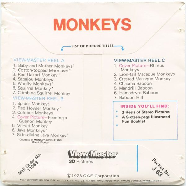 Monkeys - View-Master 3 Reel Packet - 1978 -  vintage - J63-V2 For Cheap