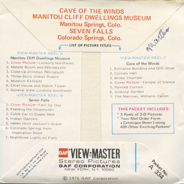 Cave of the Winds, 7 Falls, Cliff Dwelling - View-Master 3 Reel Packet - vintage - A334-G5A Supply